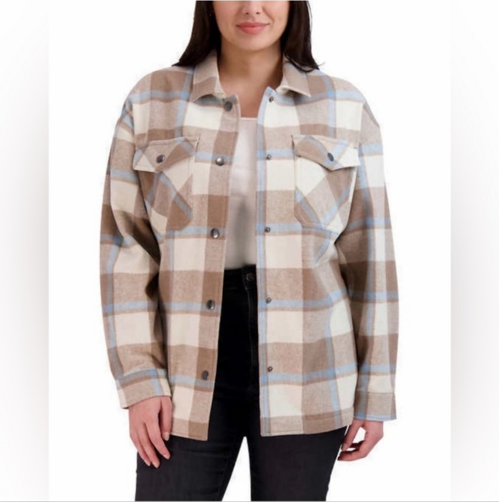 HFX Womens Plaid Flannel Shirt Jacket Beige Blue Snap Closure - Size L